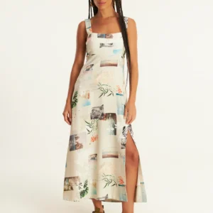 Vestido linho estampado álbum lab cantão